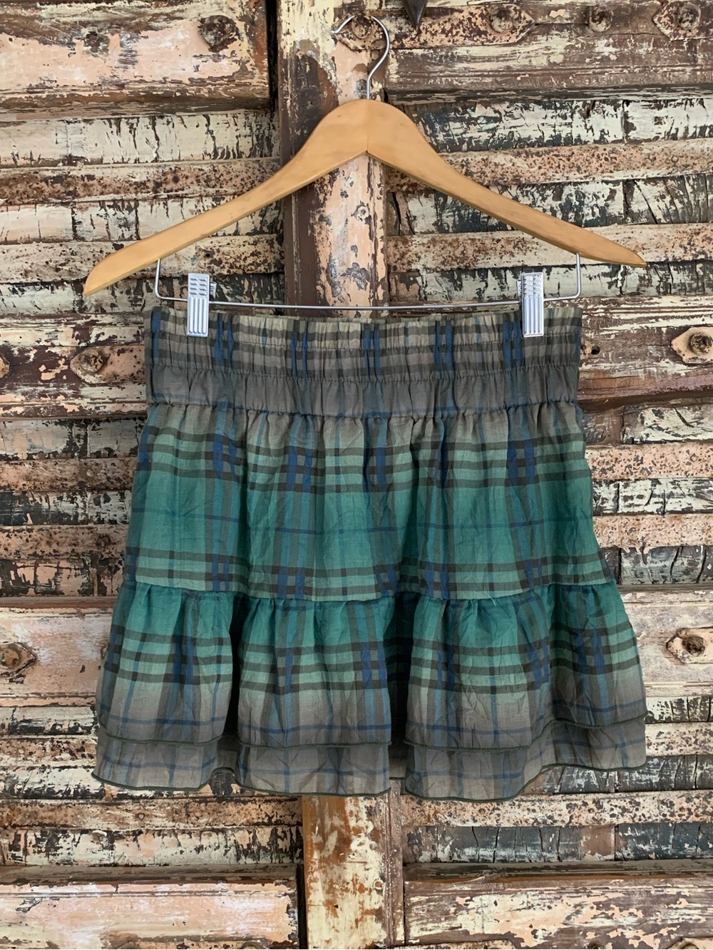 VTG Rachael & Chloe Olive Blue & Brown Tartan Plaid Tiered Mini Skirt, Lined, M